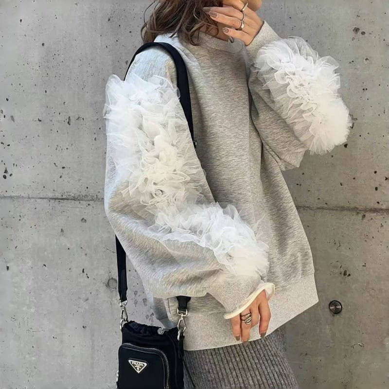 イエベ春/イエベ秋服 韓国風チュール袖飾りスウェット上品レディース