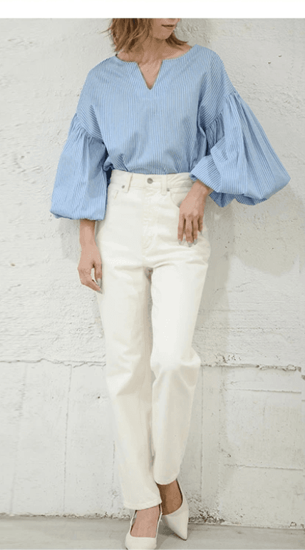 イエベ春/イエベ秋服 ボリューム袖キーネックブラウス