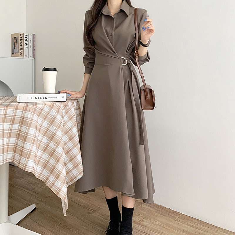 イエベ春/イエベ秋服 上品シルエット ベルテッドシャツワンピース