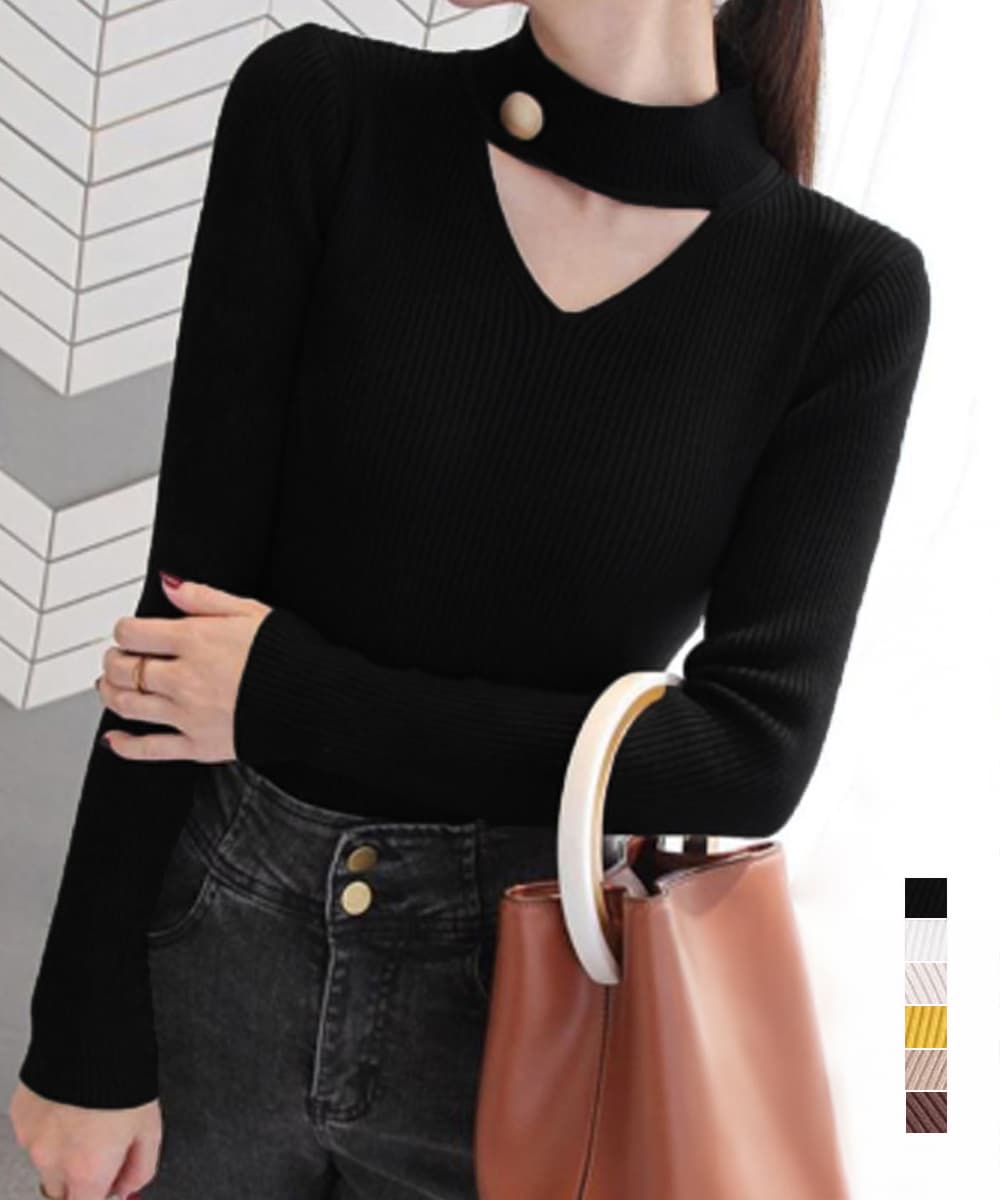 イエベ春/イエベ秋服 チョーカー風リブニット 着痩せ カーディガン