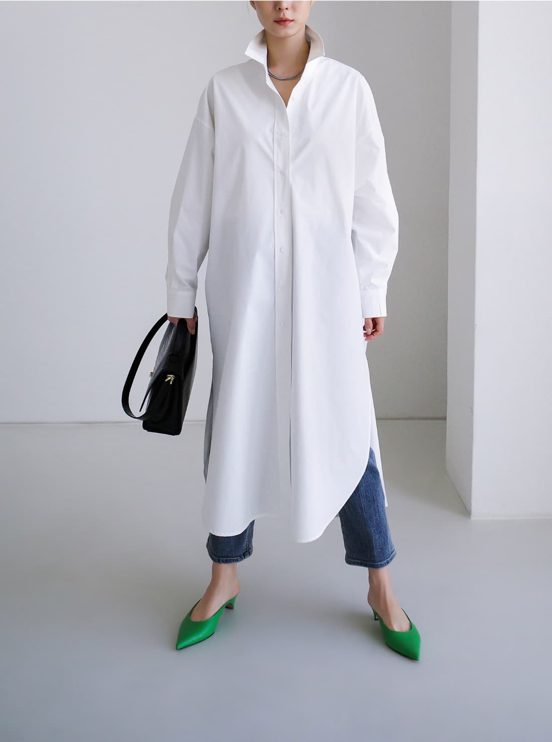 イエベ春服 洗練ゆったりマキシシャツワンピース