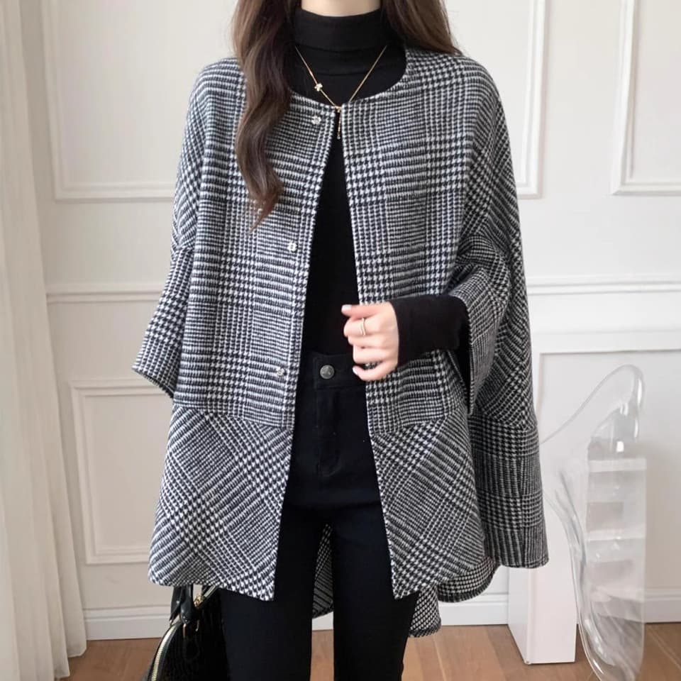 イエベ秋服 千鳥格子柄ノーカラーオーバーサイズコート