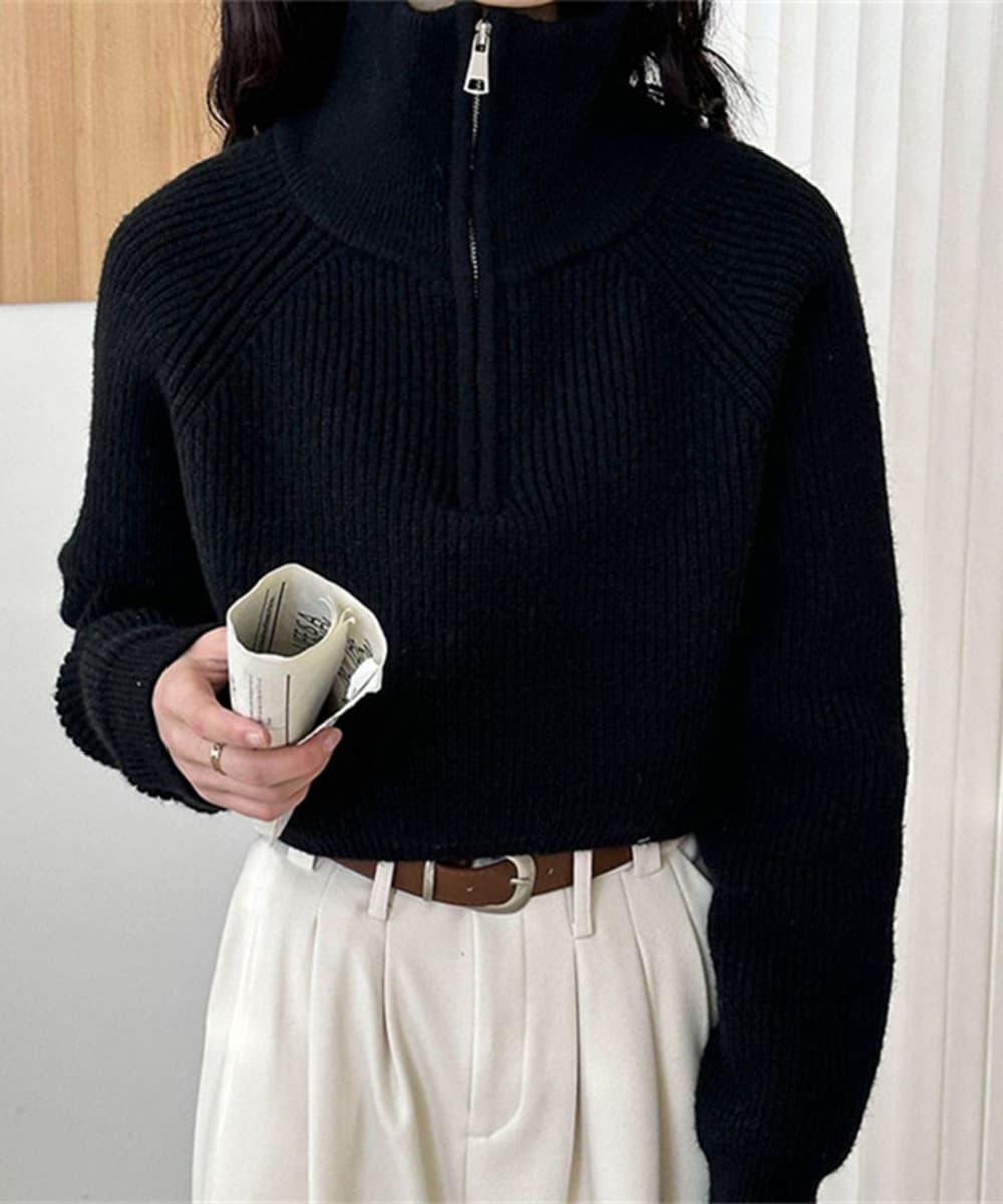 イエベ春/イエベ秋服 ハーフファスナー ショート丈 ニット レディース