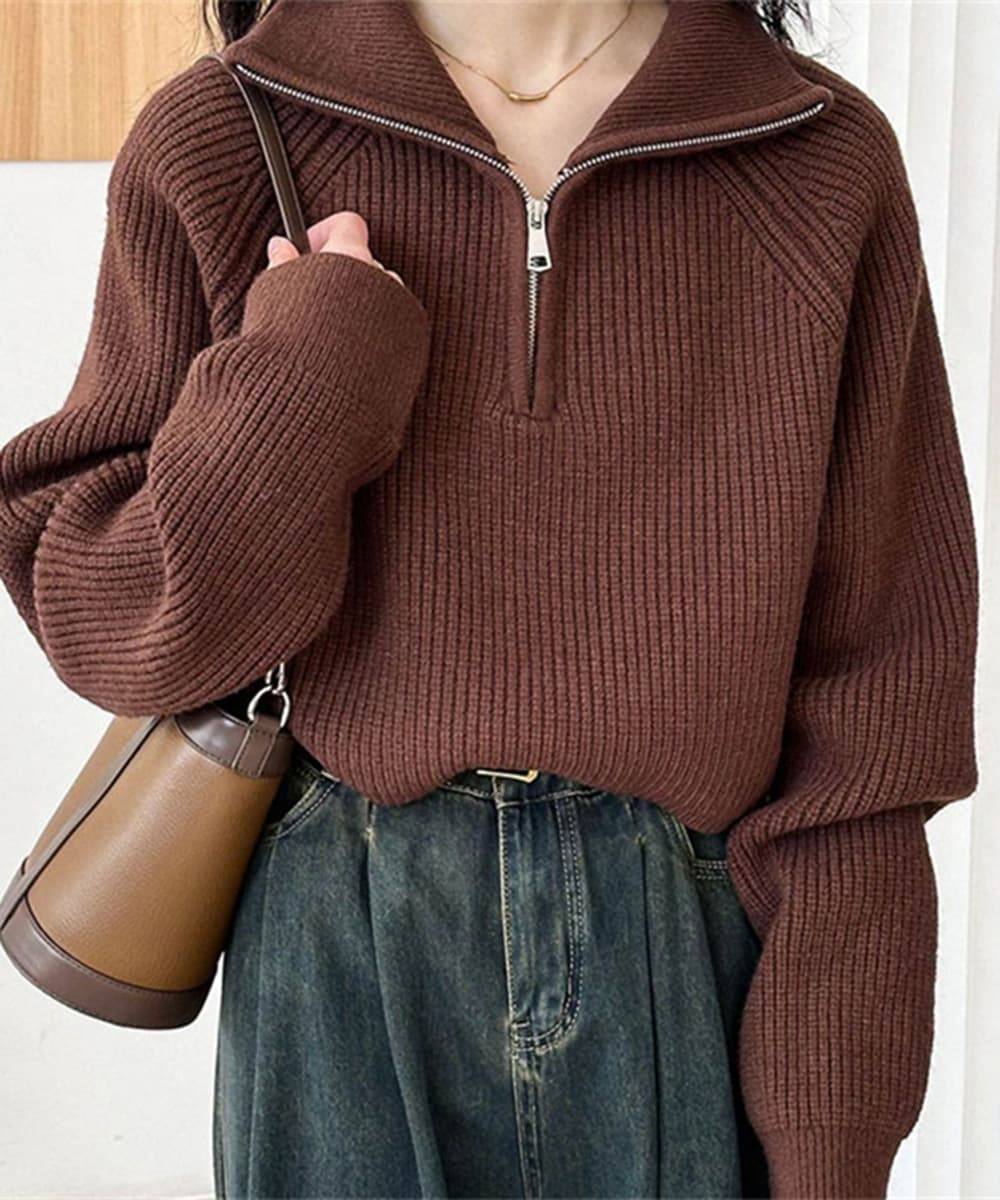イエベ春/イエベ秋服 ハーフファスナー ショート丈 ニット レディース