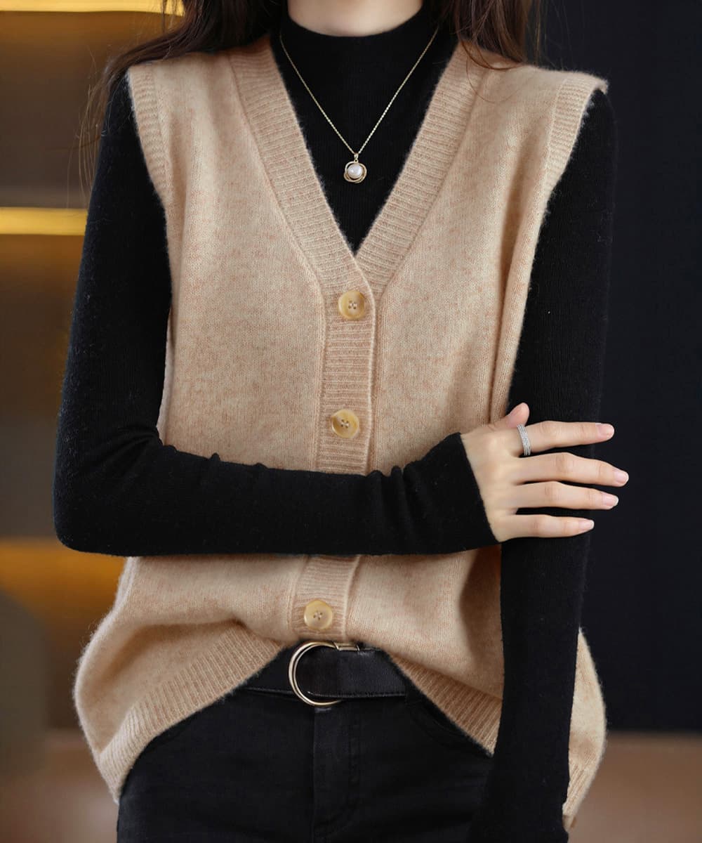 イエベ春/イエベ秋服 前開きボタンニットベスト体型カバー重ね着ニット
