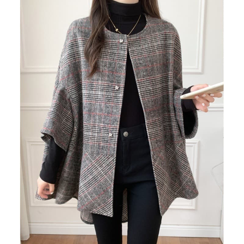 イエベ秋服 千鳥格子柄ノーカラーオーバーサイズコート