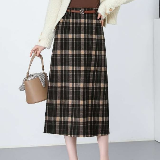 イエベ秋服 チェック柄プリーツロングスカート