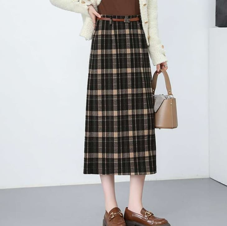 イエベ秋服 チェック柄プリーツロングスカート
