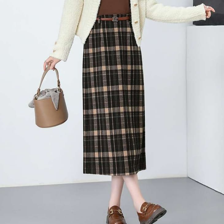イエベ秋服 チェック柄プリーツロングスカート