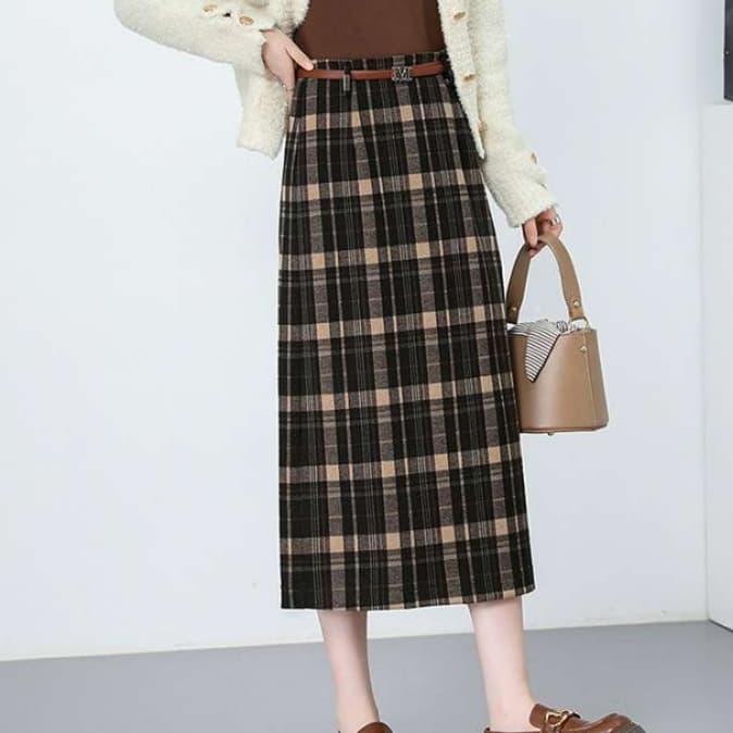 イエベ秋服 チェック柄プリーツロングスカート