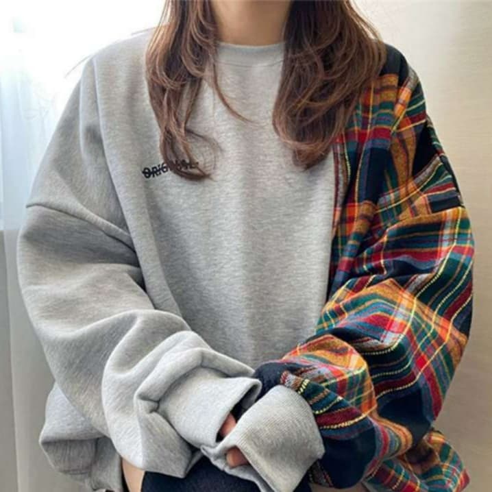イエベ秋服 切り替えチェック柄トレーナー