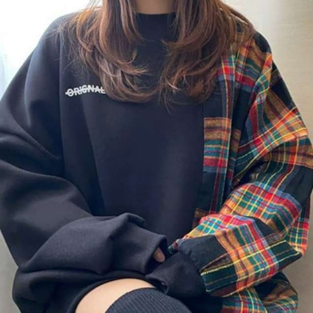 イエベ秋服 切り替えチェック柄トレーナー