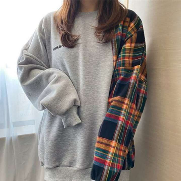 イエベ秋服 切り替えチェック柄トレーナー