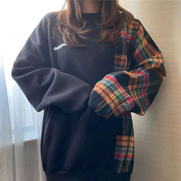 イエベ秋服 切り替えチェック柄トレーナー