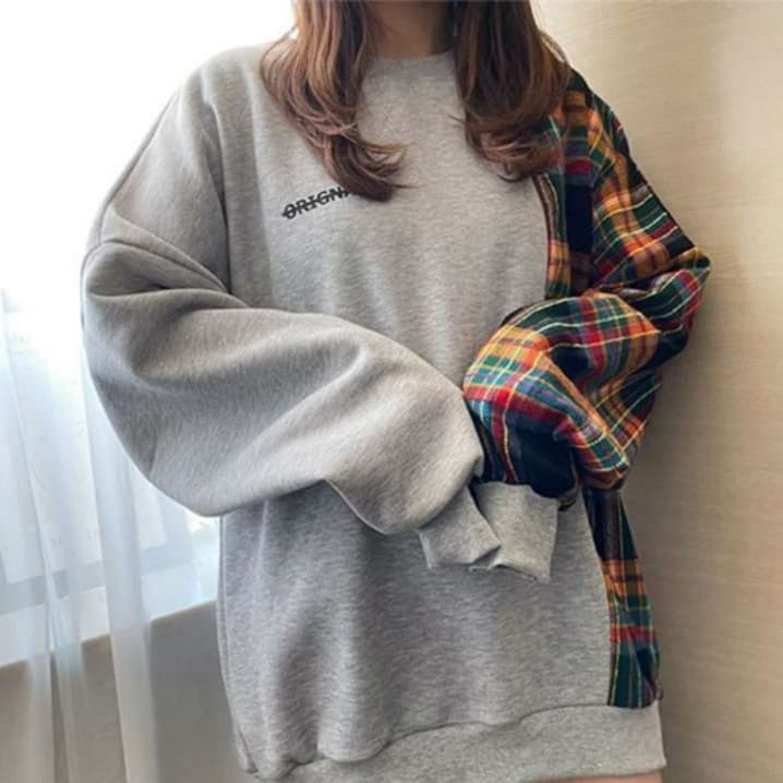 イエベ秋服 切り替えチェック柄トレーナー