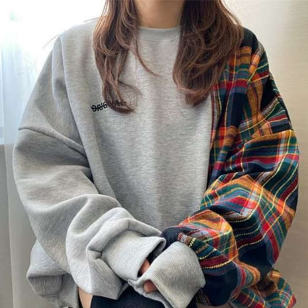 イエベ秋服 切り替えチェック柄トレーナー