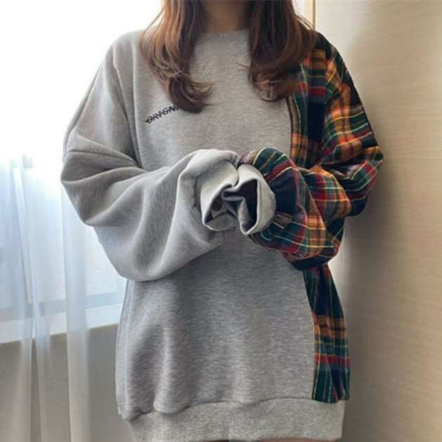 イエベ秋服 切り替えチェック柄トレーナー
