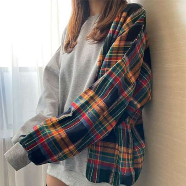 イエベ秋服 切り替えチェック柄トレーナー