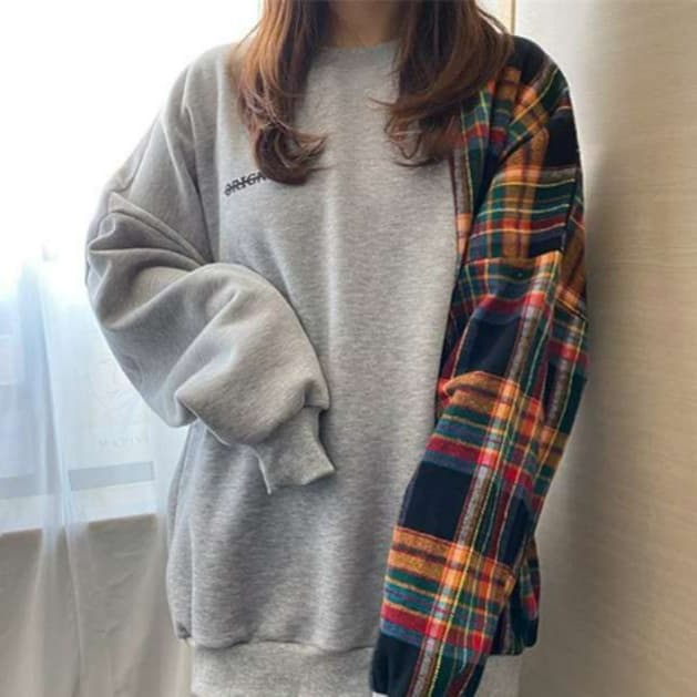 イエベ秋服 切り替えチェック柄トレーナー