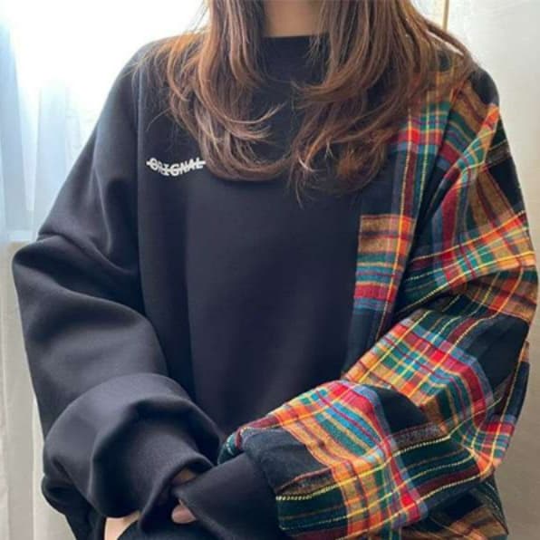 イエベ秋服 切り替えチェック柄トレーナー
