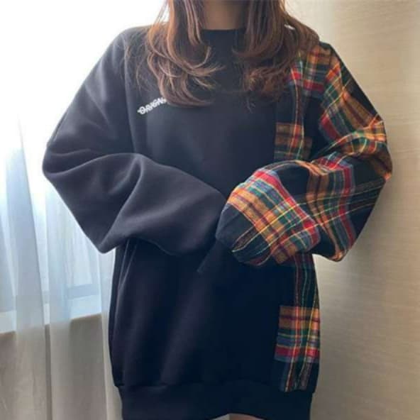 イエベ秋服 切り替えチェック柄トレーナー