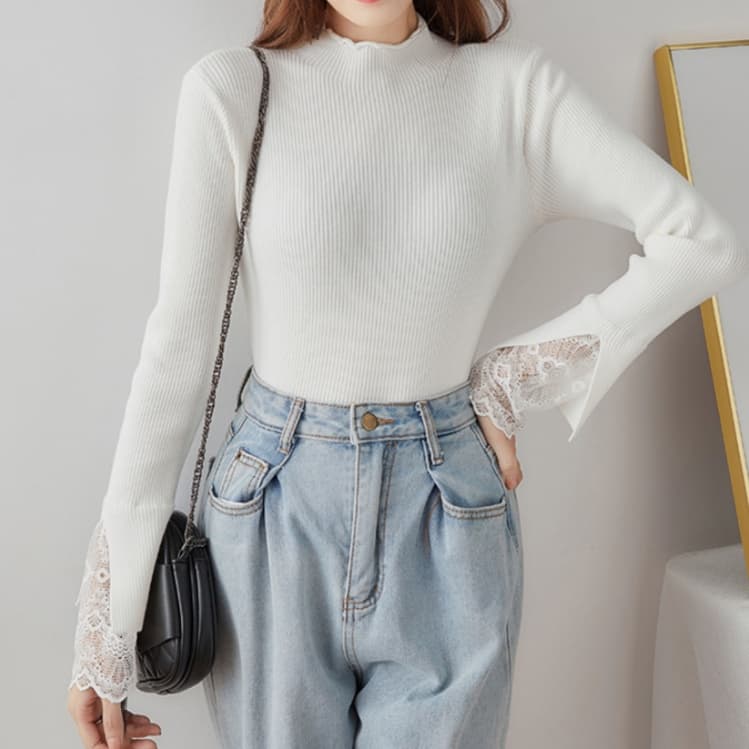 イエベ春/イエベ秋服 レース袖リブニットブラウス