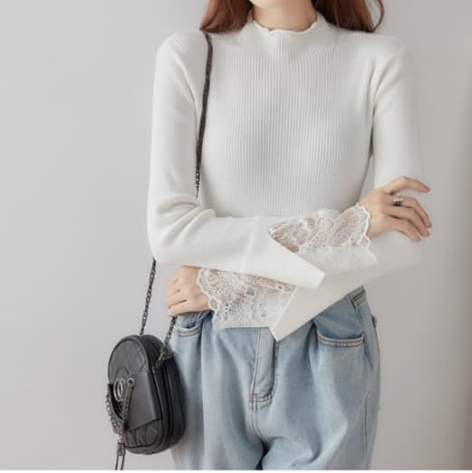 イエベ春/イエベ秋服 レース袖リブニットブラウス