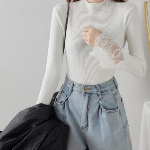 イエベ春/イエベ秋服 レース袖リブニットブラウス