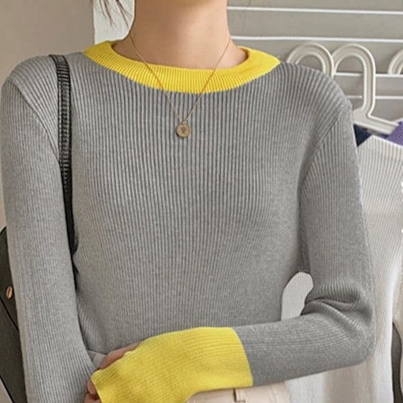 イエベ春/イエベ秋服 配色ニット 指穴付きリブニットプルオーバー