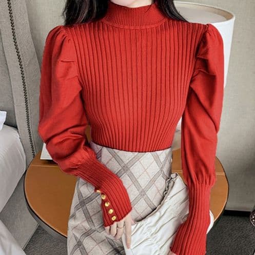 イエベ春/イエベ秋服 金ボタン付きハイネックニットトップス