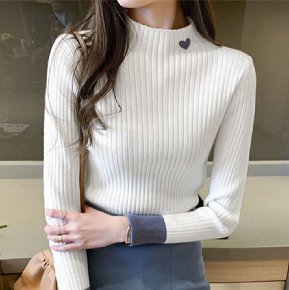 イエベ春/イエベ秋服 ハート刺繍ニット プチハイネック配色袖