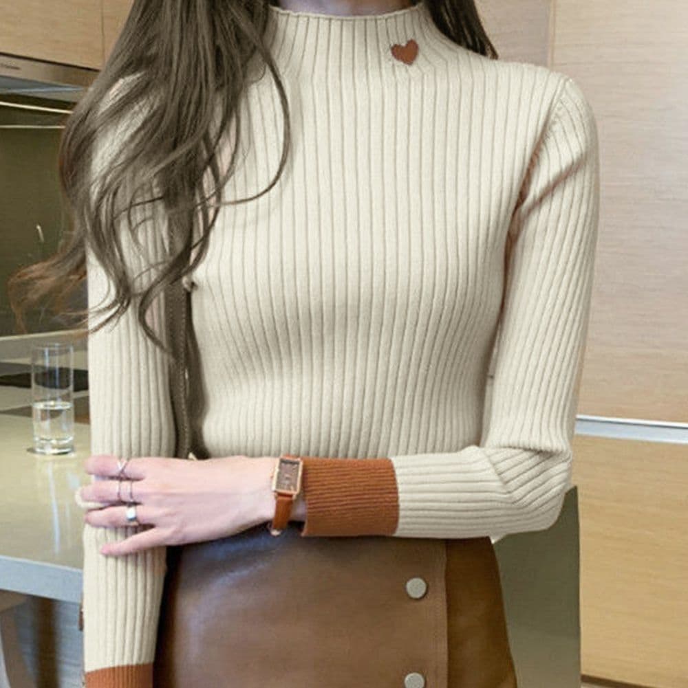 イエベ春/イエベ秋服 ハート刺繍ニット プチハイネック配色袖