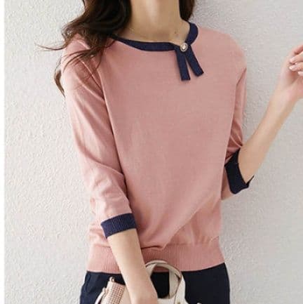 イエベ春/イエベ秋服 配色リボン付き七分袖ニット