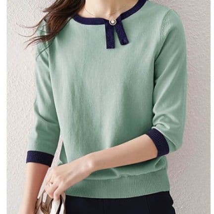 イエベ春/イエベ秋服 配色リボン付き七分袖ニット