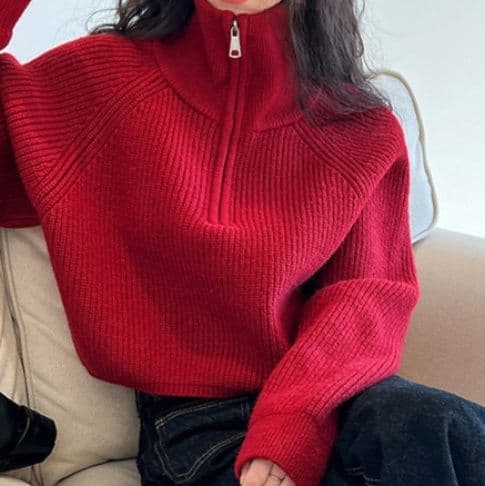 イエベ春/イエベ秋服 ハーフファスナー ショート丈 ニット レディース