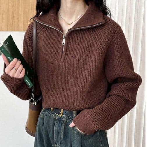 イエベ春/イエベ秋服 ハーフファスナー ショート丈 ニット レディース