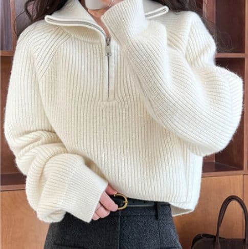 イエベ春/イエベ秋服 ハーフファスナー ショート丈 ニット レディース