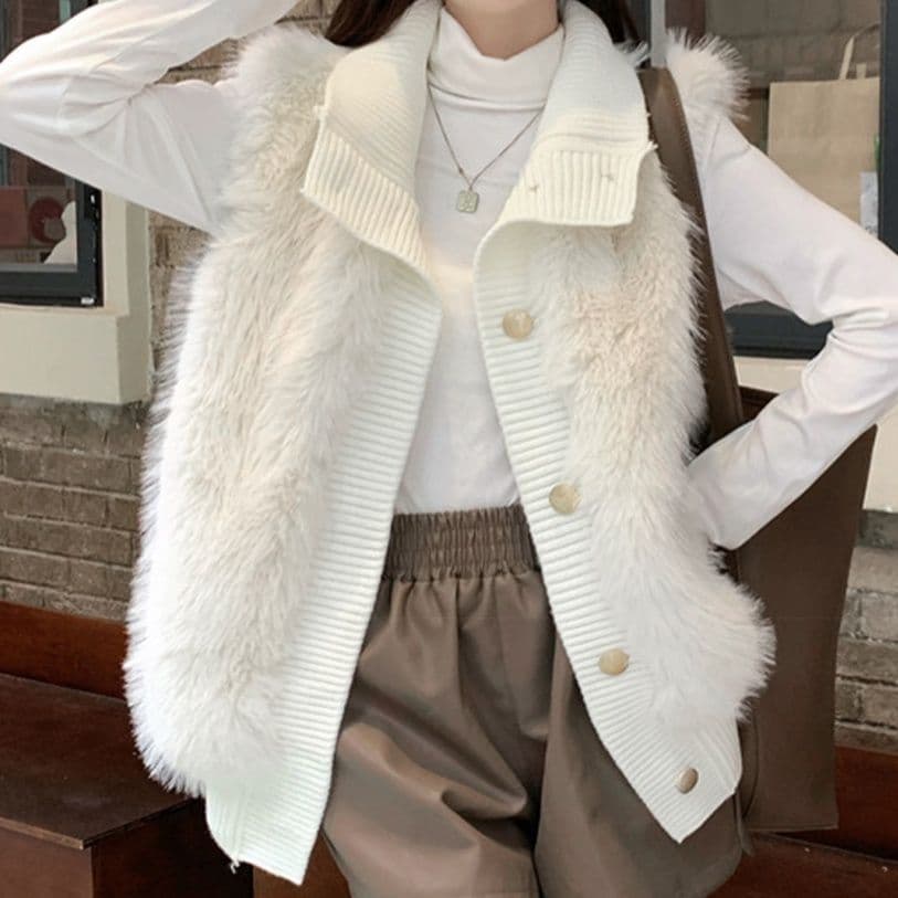 イエベ春/イエベ秋服 異素材切り替えファーベスト ニットジレ ジャケット