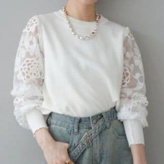イエベ春服 レディース透かし編みレースブラウス長袖