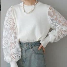 イエベ春服 レディース透かし編みレースブラウス長袖