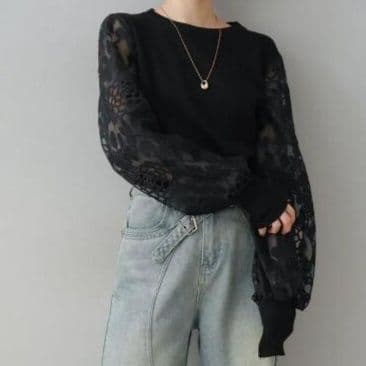 イエベ春服 レディース透かし編みレースブラウス長袖