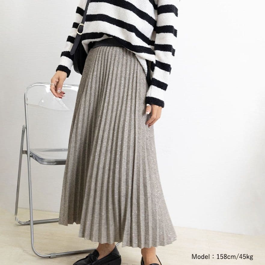 イエベ春/イエベ秋服 ラメ入りプリーツスカート ウエストゴム ミディアム丈