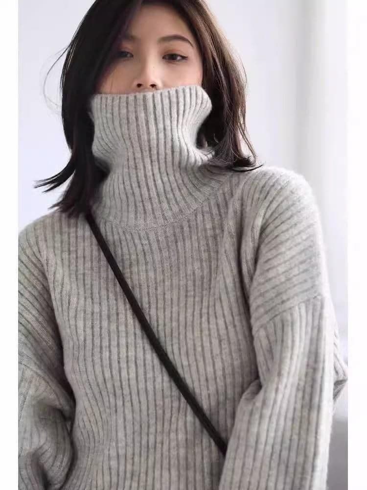 イエベ春/イエベ秋服 リブ編みタートルネック長袖ニットセーター