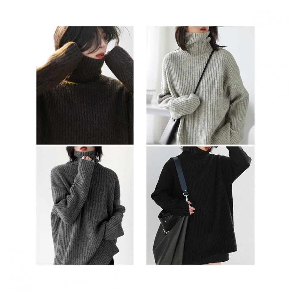 イエベ春/イエベ秋服 リブ編みタートルネック長袖ニットセーター