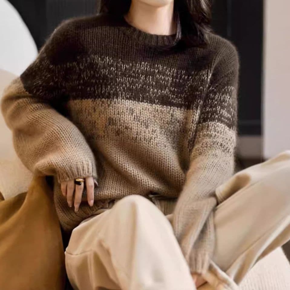 イエベ春/イエベ秋服 上品なボーダー柄丸首長袖ニットプルオーバー