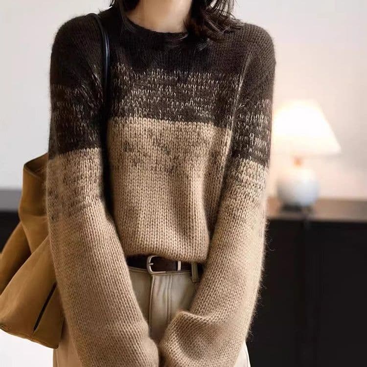 イエベ春/イエベ秋服 上品なボーダー柄丸首長袖ニットプルオーバー