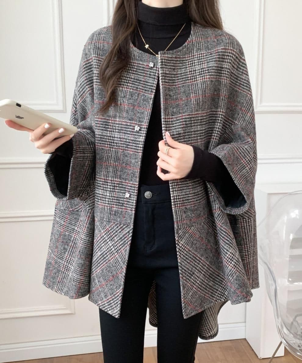 イエベ秋服 千鳥格子柄ノーカラーオーバーサイズコート
