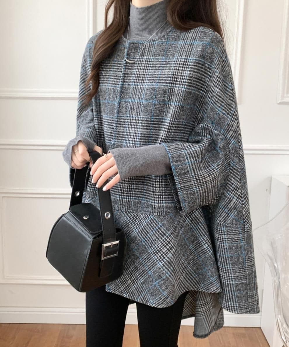 イエベ秋服 千鳥格子柄ノーカラーオーバーサイズコート