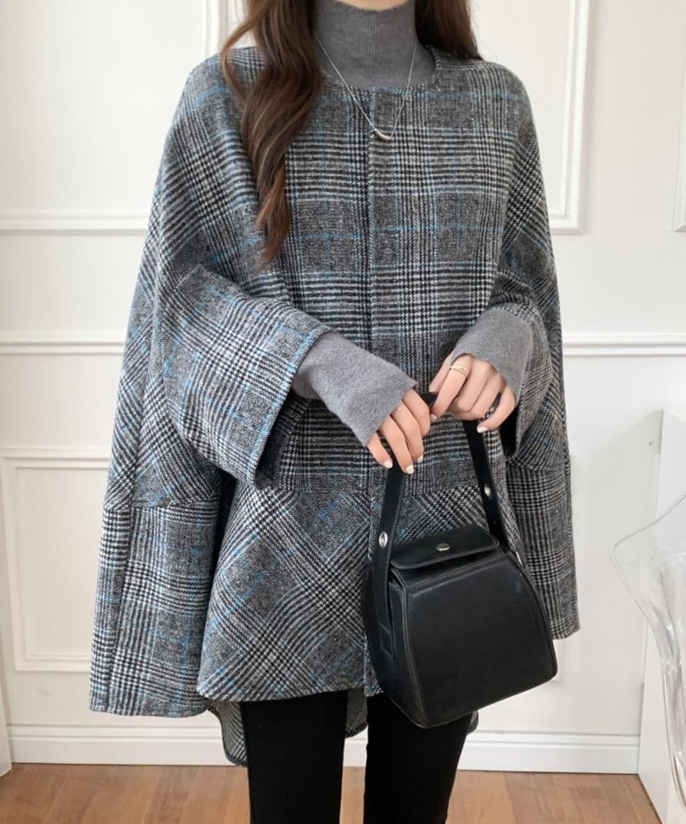 イエベ秋服 千鳥格子柄ノーカラーオーバーサイズコート
