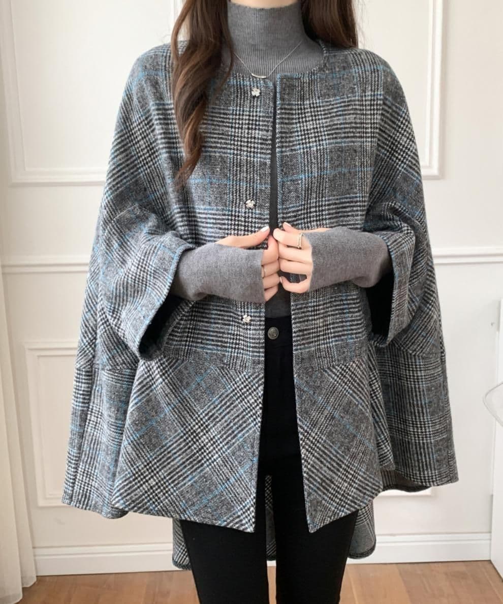 イエベ秋服 千鳥格子柄ノーカラーオーバーサイズコート